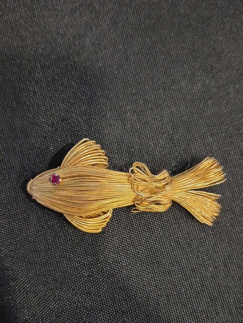 Gold Tone Wire Fish Brooch Or Pin with Red Gem Accent